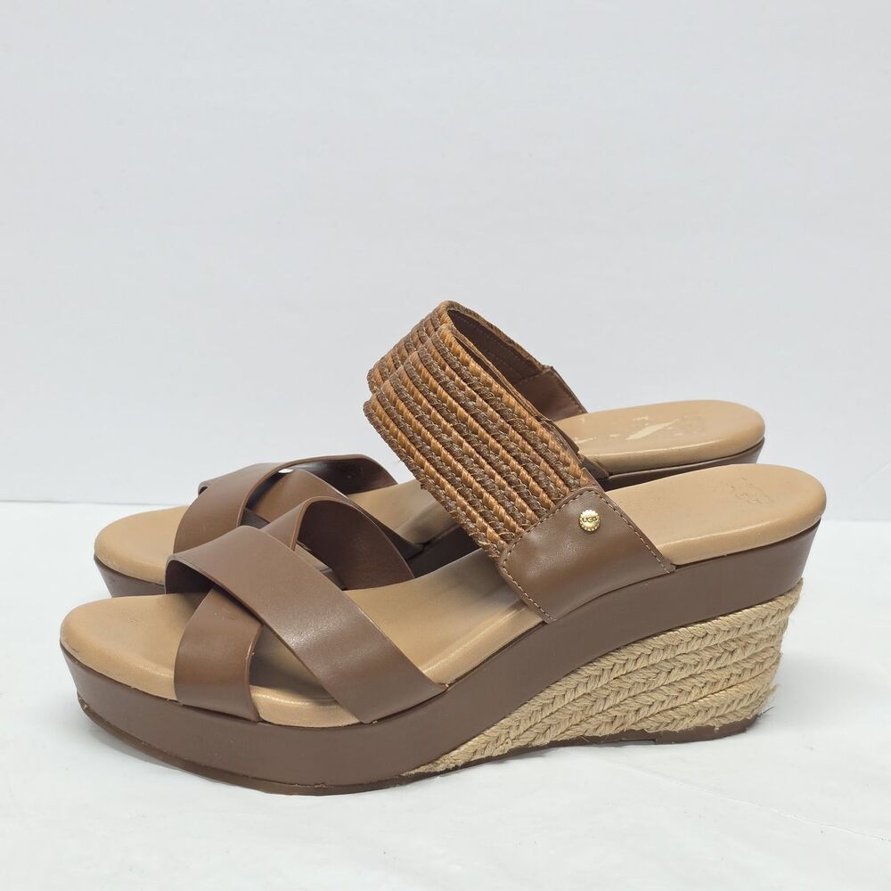 Ugg Adriana Tamarind Brown Leather Espadrille Platform Wedge Sandals Womens 10